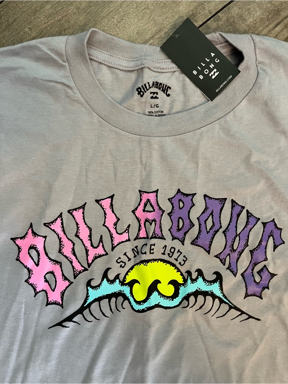 Billabong Short Sleeve Tee with Pink & Purple Gradient Logo and Yellow Accent